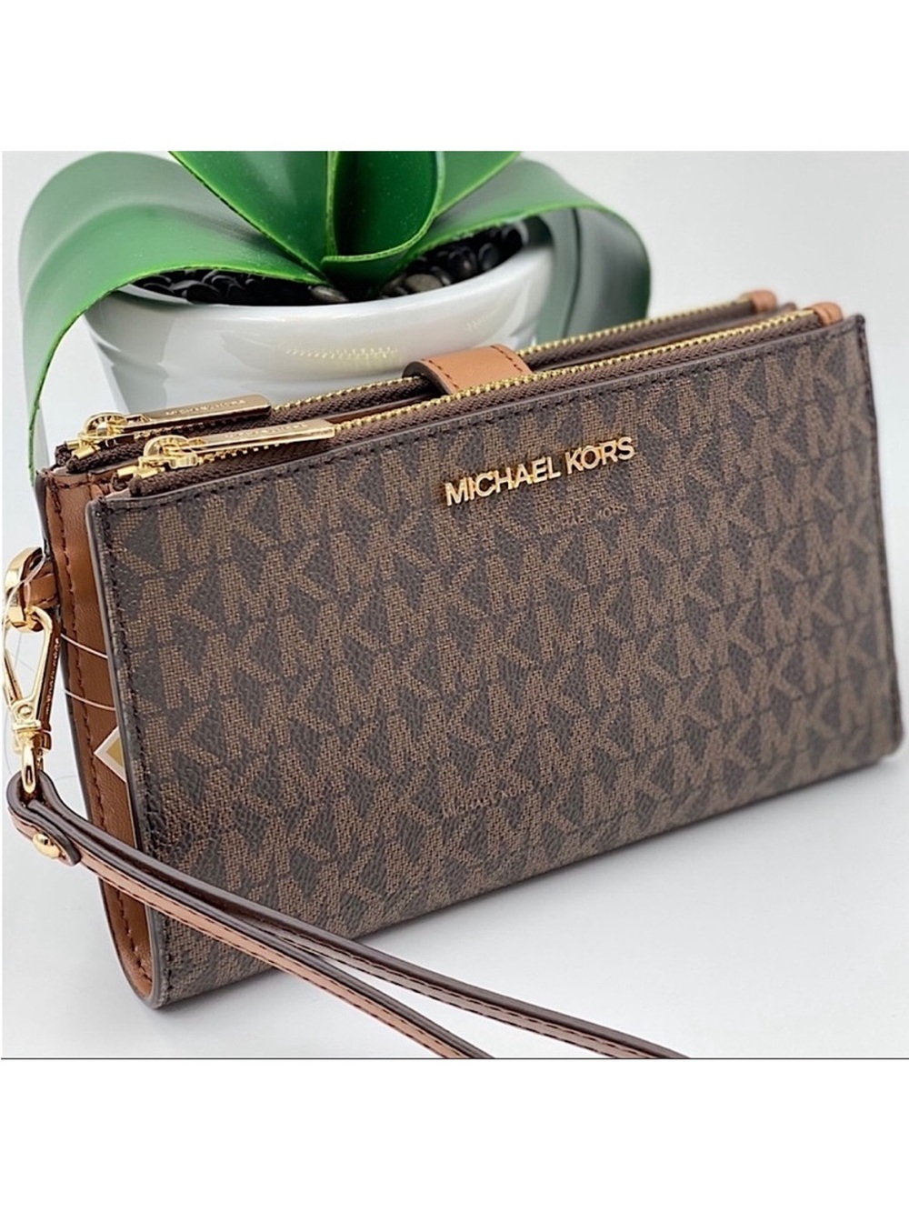 Michael Kors Jet Set Travel Double Zip Wallet Wristlet Brown